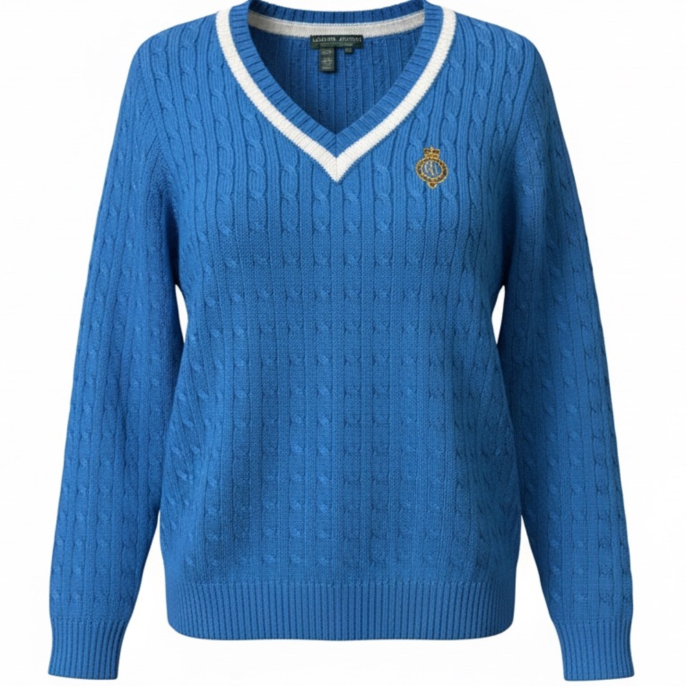 Vintage‼️ Lauren Ralph Lauren Active NWT Cable Knit Blue V-Neck Sweater Large
